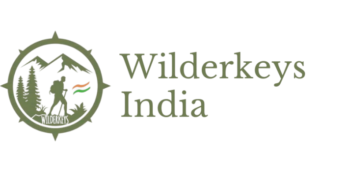 Wilderkeys India logo featuring a hiker with a flag of India, set against a mountainous background. Representing a company that manages reservations for unique properties.